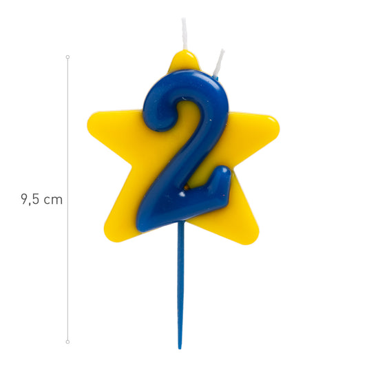 Lumânare zi de naștere cifra 2 cu stea, dublu fitil