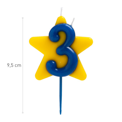 Lumânare zi de naștere cifra 3 cu stea, dublu fitil