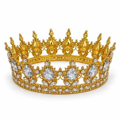 Coroniță aurie din metal cu ștrasuri pentru tort, 11,5 × 5 cm
