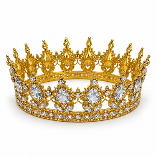 Coroniță aurie din metal cu ștrasuri pentru tort, 11,5 × 5 cm