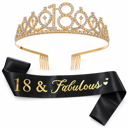Set majorat 18 ani – coroniță aurie și panglică 18 & Fabulous